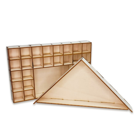 Caixa organizadora de madeira com divisórias quadradas e triangulares