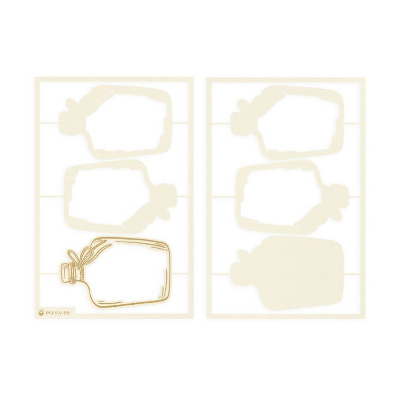 Dois moldes de papel com recortes de frascos em bege claro com contornos dourados