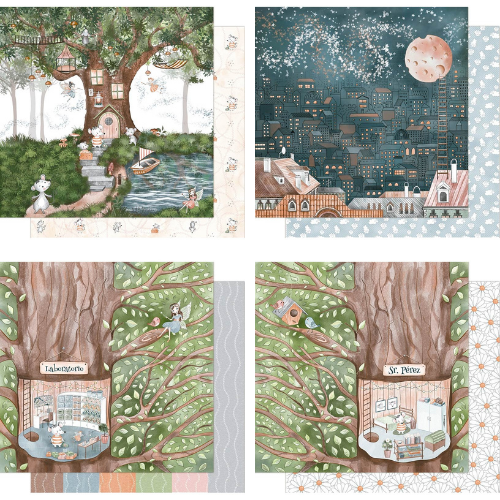 Quatro ilustrações de árvores com personagens e interiores coloridos, e texto 'Laikozero' e 'Sr. Perez'