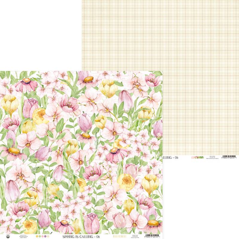 Papel de scrapbook com padrão floral colorido e padrão xadrez bege