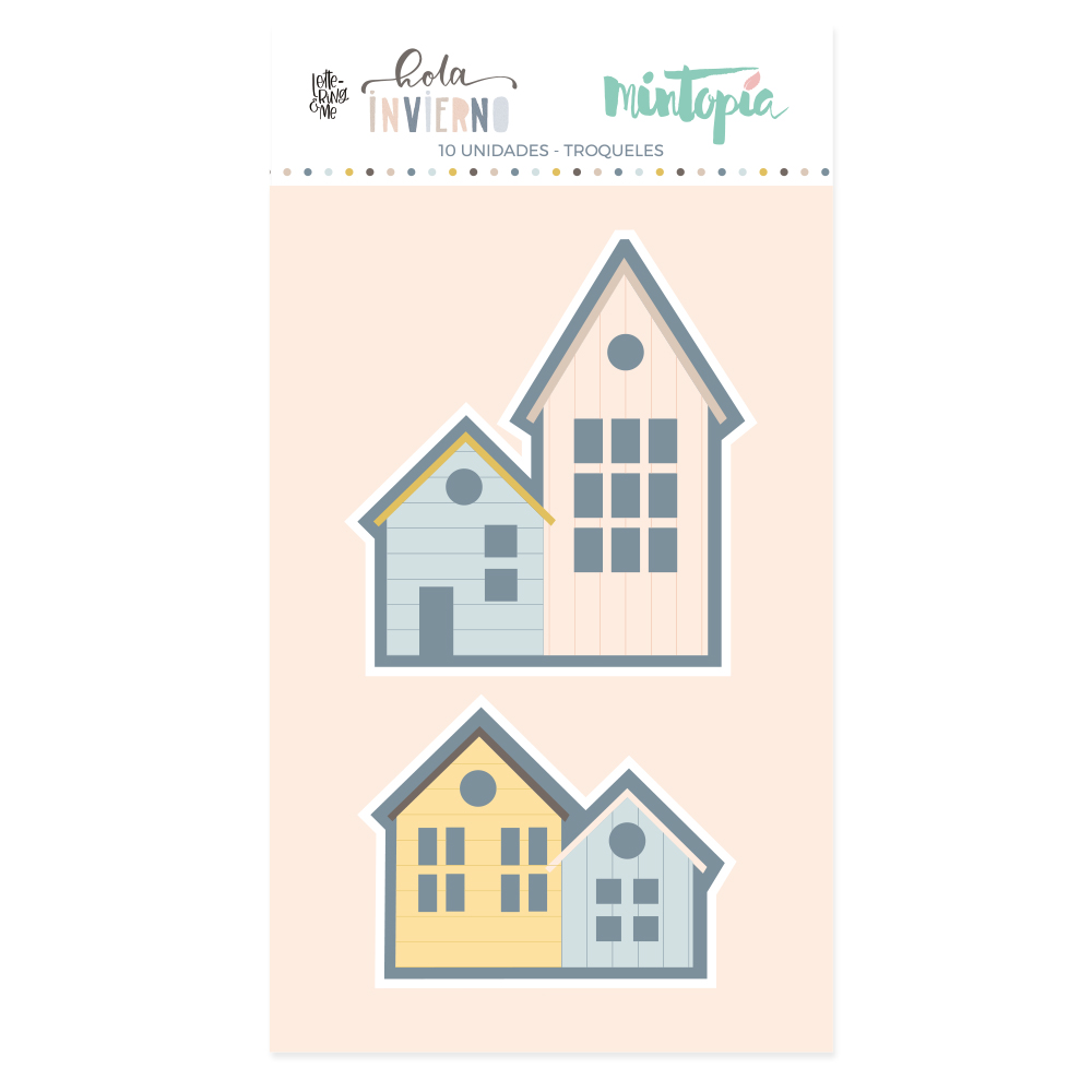 Imagem com dois troqueles de casas em tons azuis e amarelos em fundo rosa claro, etiqueta com texto GOLA INVIERNO MINTOPIA.