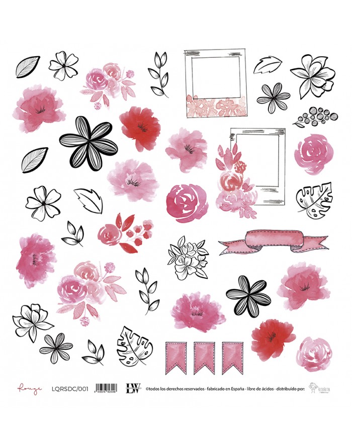 Adesivos decorativos de flores e folhas em rosa, vermelho e preto e branco com molduras e fita