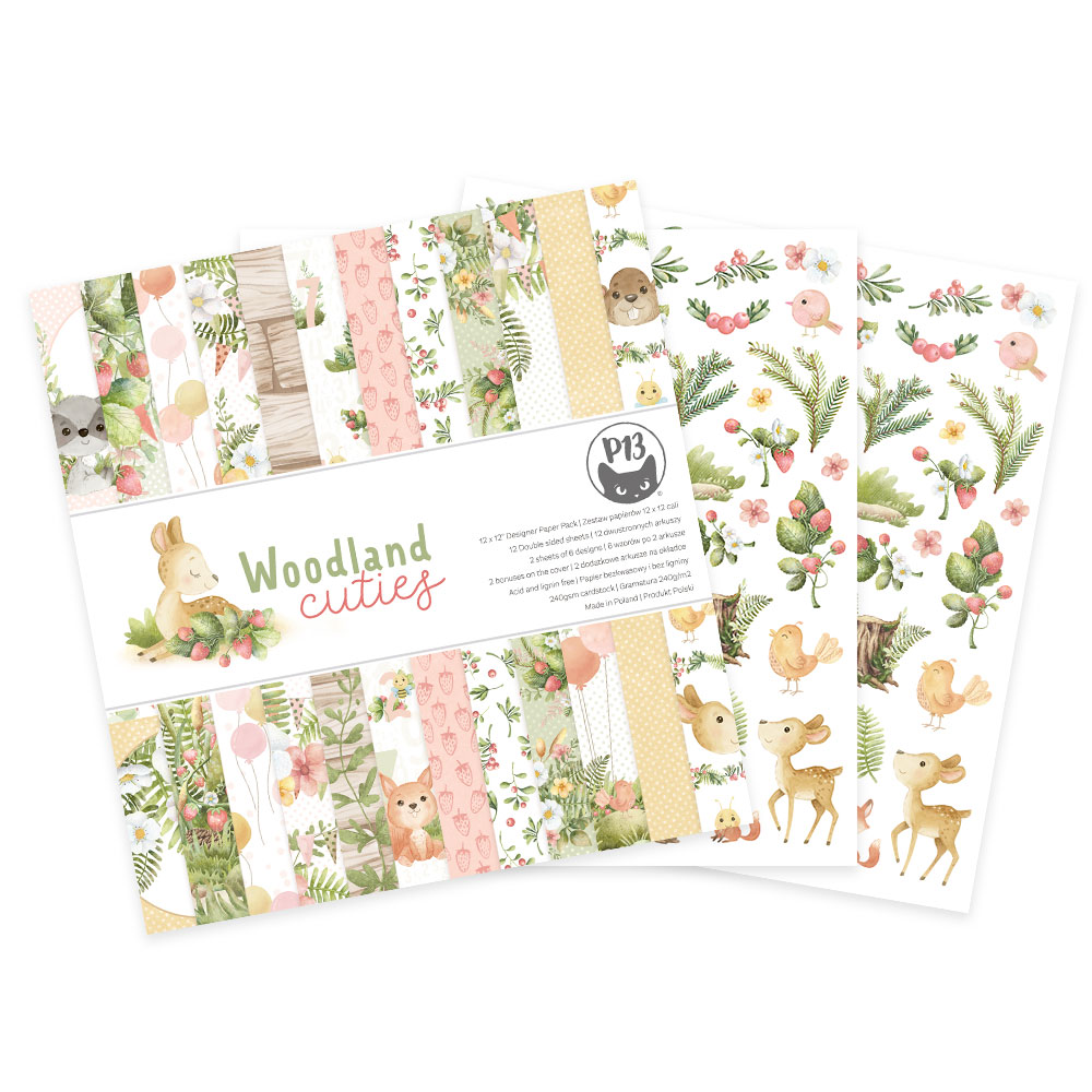 Conjunto de papel decorativo Woodland cuties com padrões e desenhos de animais e flores.