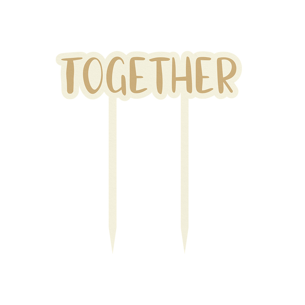 Topper de bolo com a palavra 'TOGETHER' em castanho claro