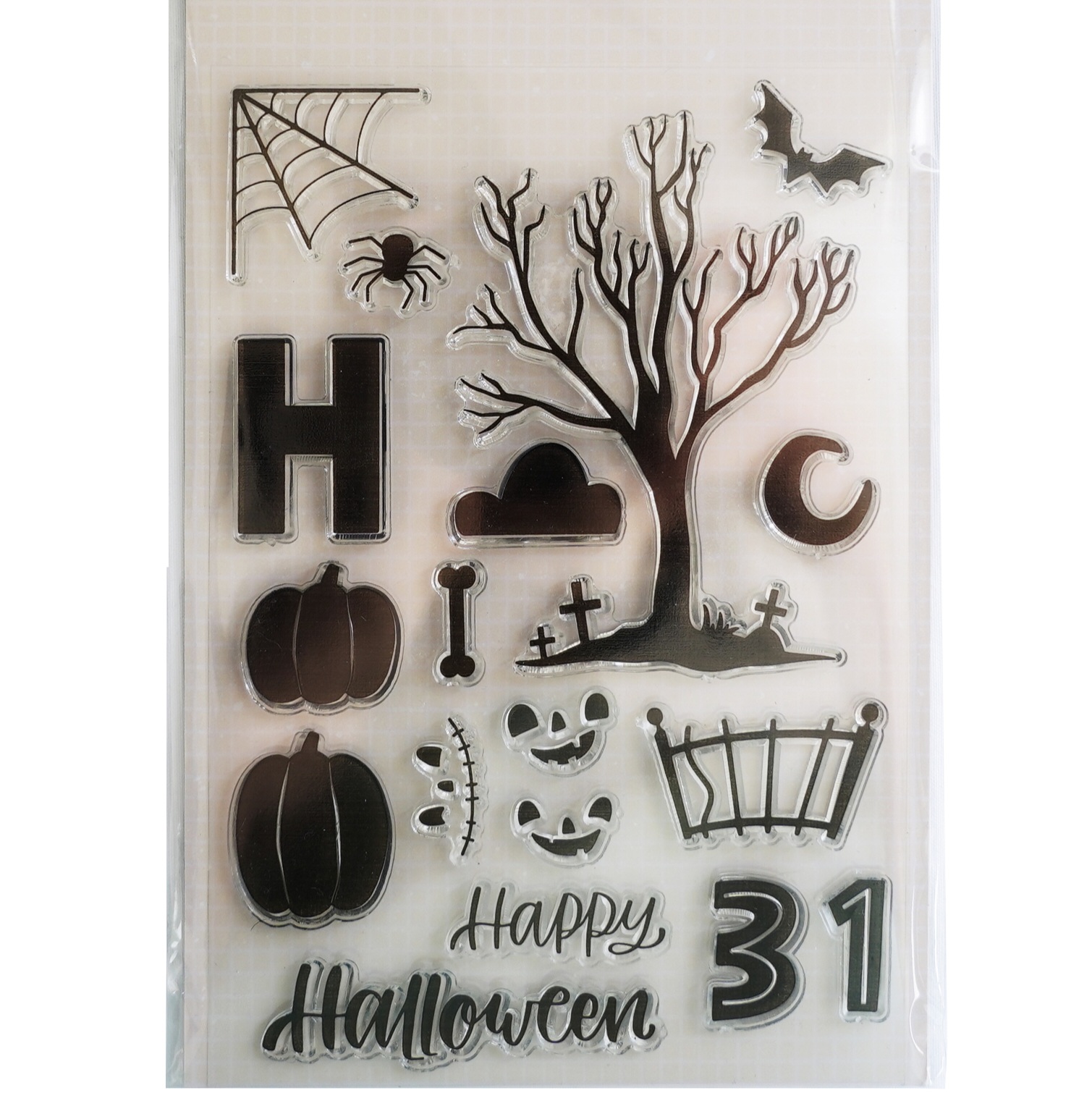 Carimbos para Halloween com desenhos e texto em preto