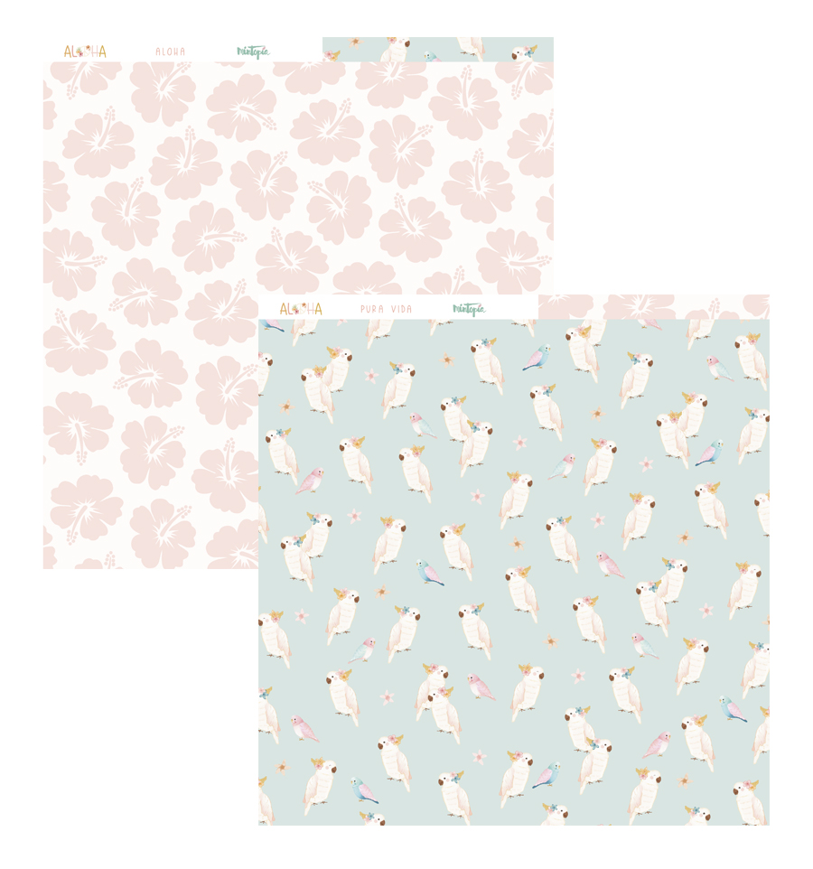 Folhas decorativas com padrões florais e de pássaros em cores suaves