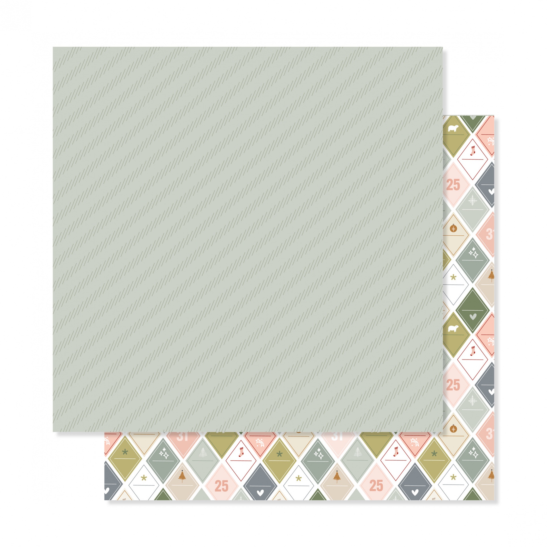 Folha de papel scrap verde riscas diagonais e padrão losangos coloridos.