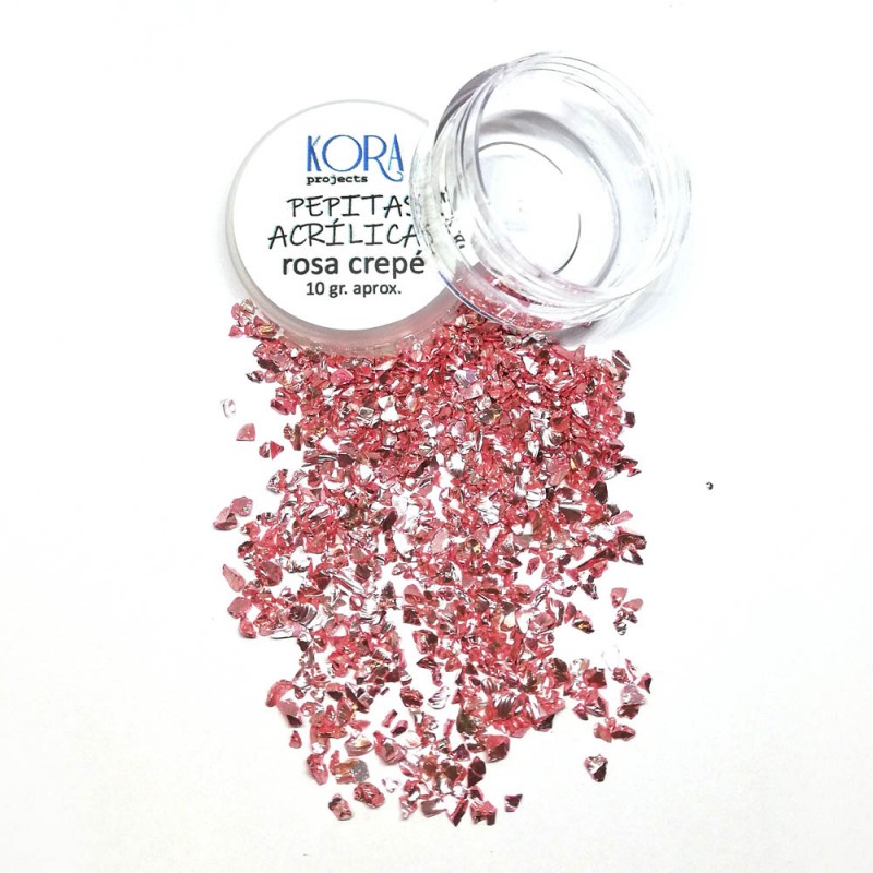 Frasco com pepitas acrílicas rosa crepe e rótulo KORA projects