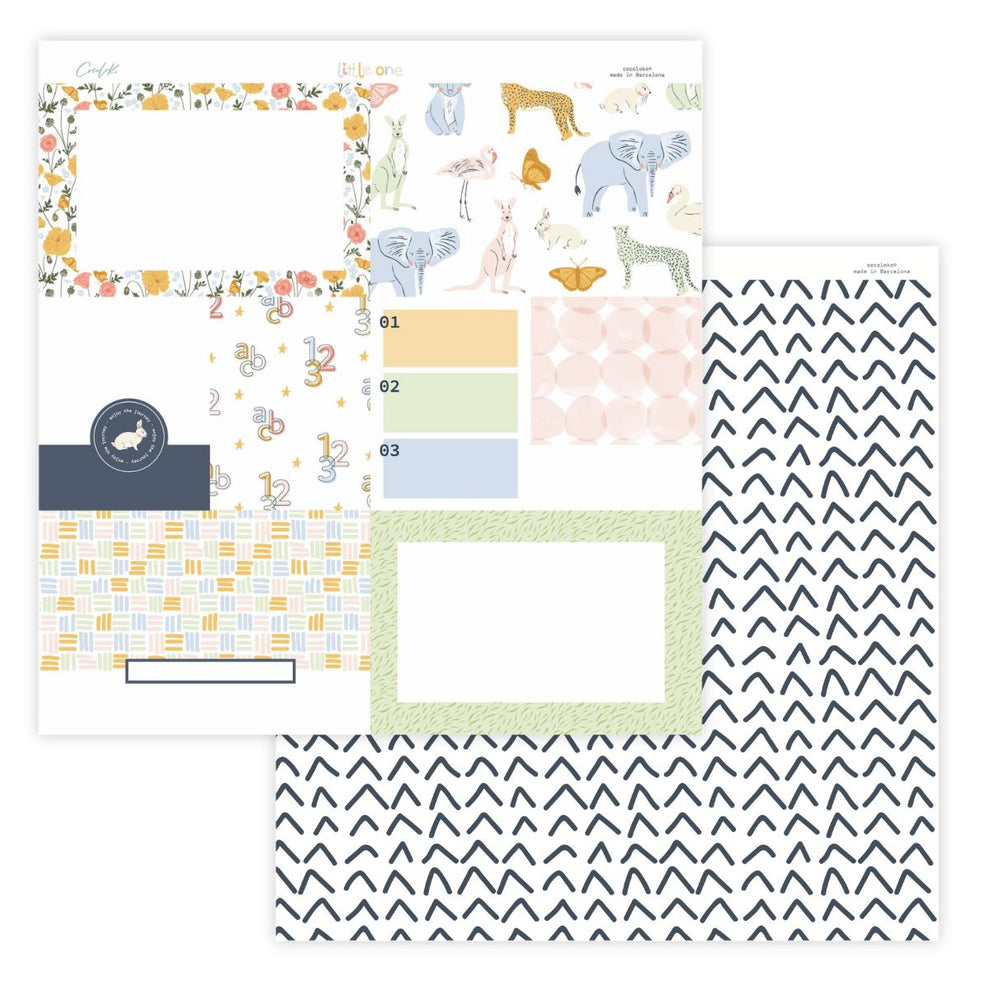 Duas folhas decorativas para scrapbook com padrões de animais e geométricos