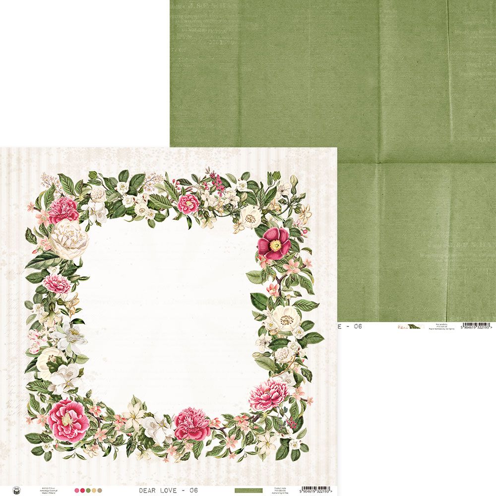 Papel decorativo para scrapbooking com padrão floral rosa e branco e verso verde