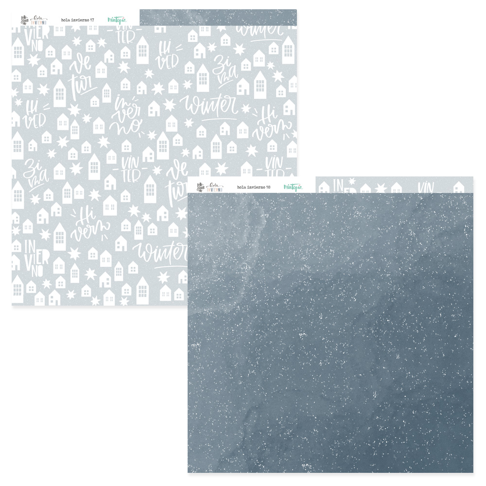 Folhas de papel para scrapbook com padrões de inverno em cinza e branco