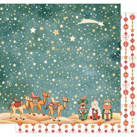 Papel decorativo com ilustração natalícia de camelos e reis magos sob um céu estrelado