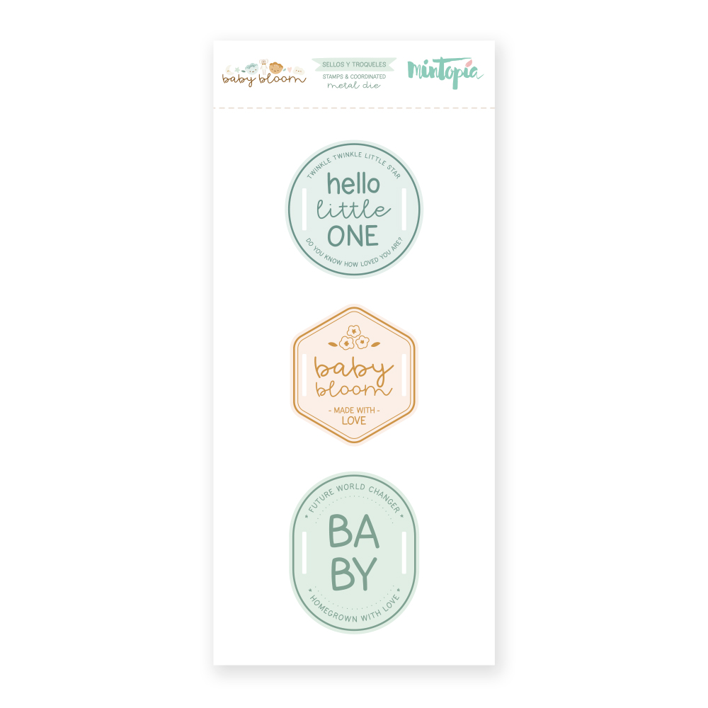 Etiqueta com três adesivos para bebés em pastel verde e salmão com textos motivacionais.