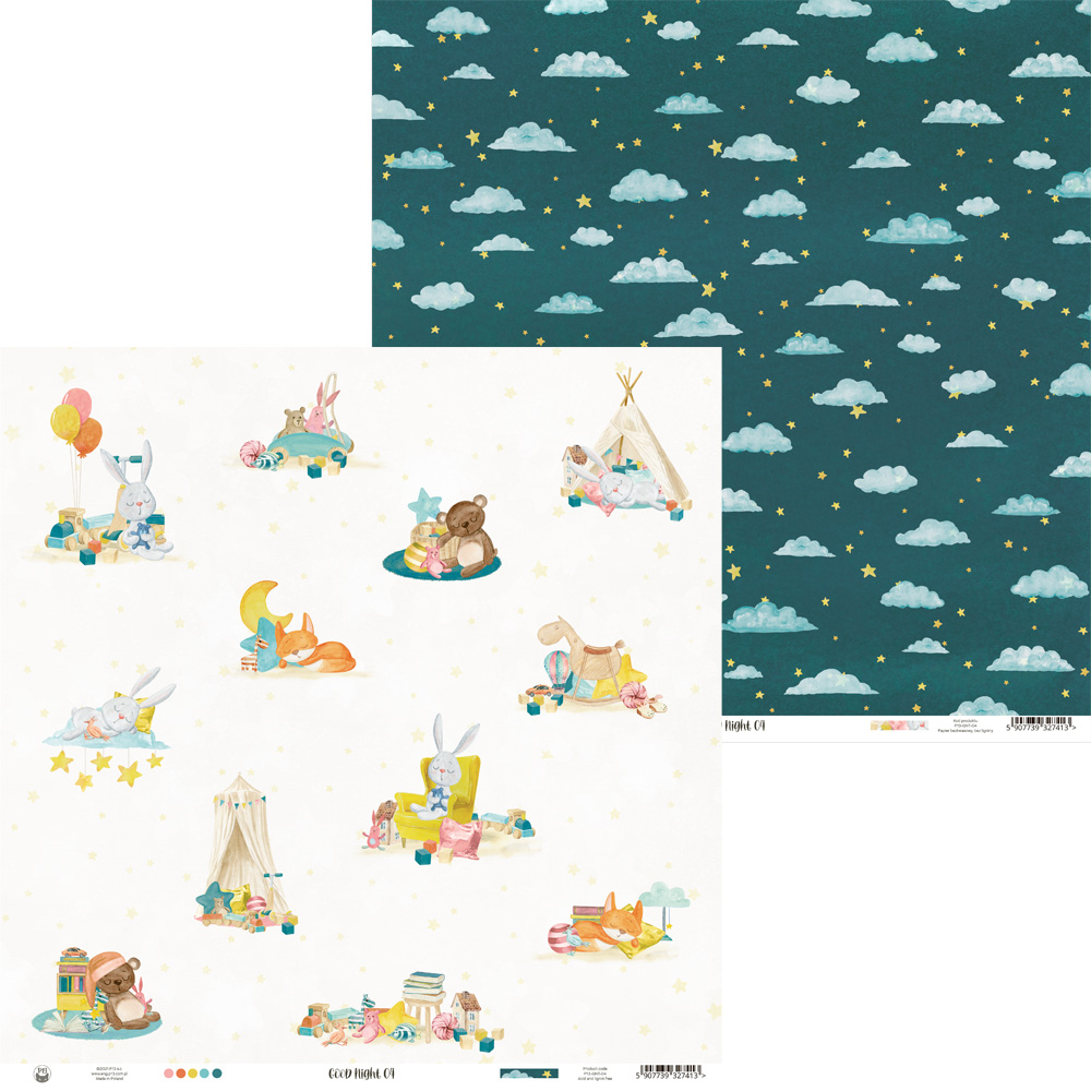 Papel de parede infantil com desenhos de animais e padrão de nuvens e estrelas