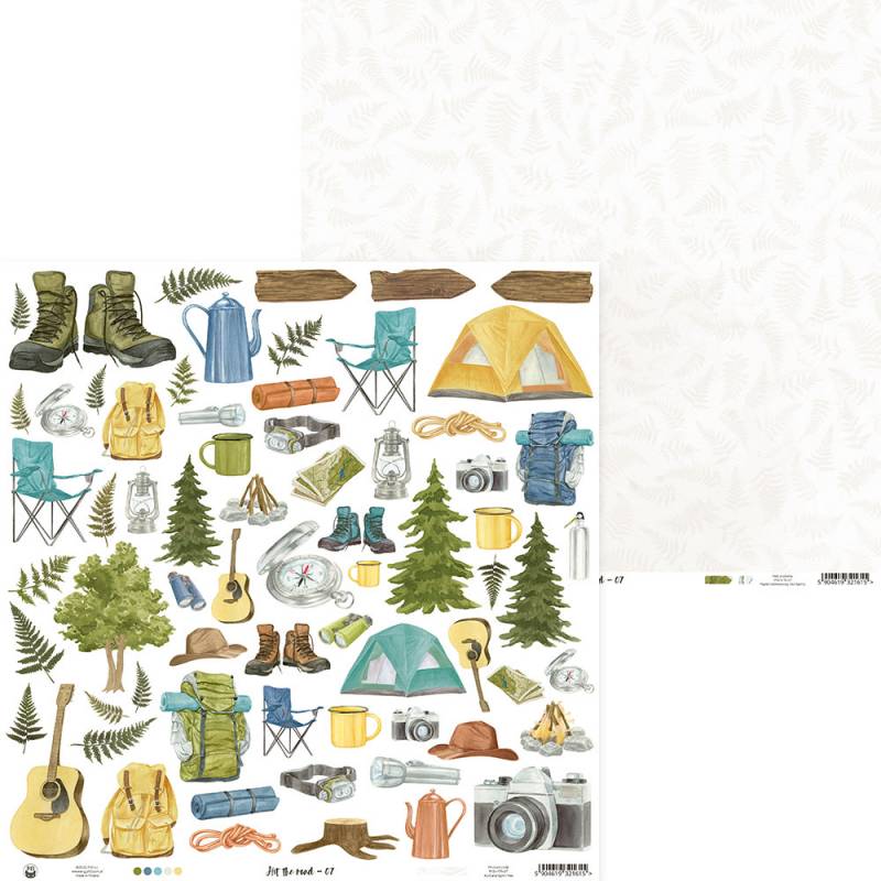Folha decorativa dupla face com ilustrações de equipamentos de campismo e natureza, desenhos coloridos sobre fundo branco com padrão de folhas muito claro.