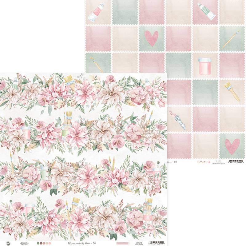 Papel de scrapbook com motivos florais e artísticos em tons pastel