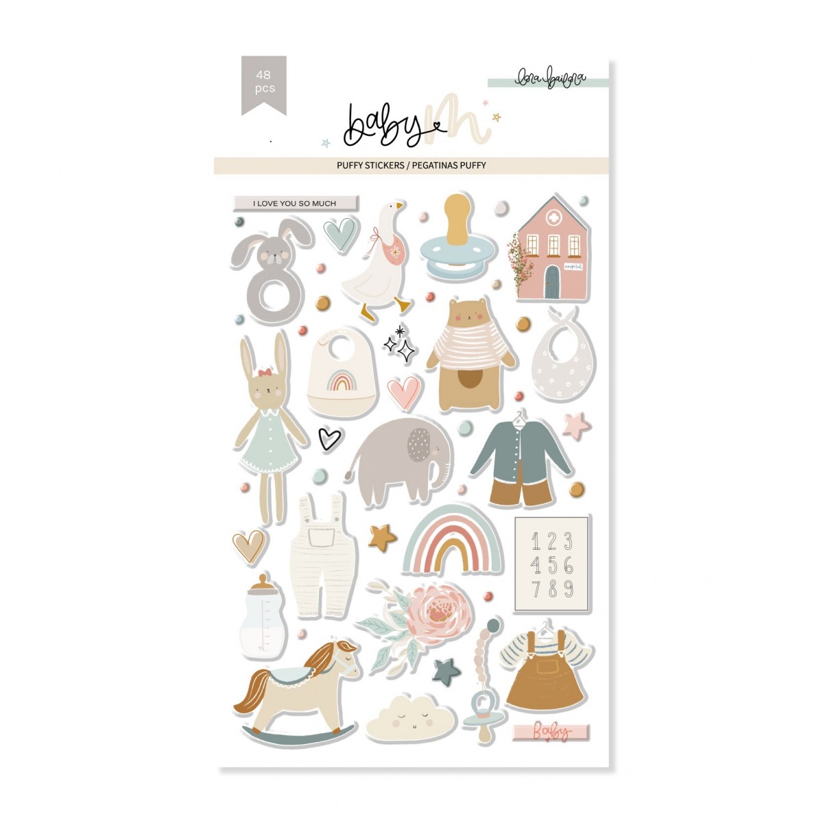 Folha de autocolantes fofos para bebés com diversos desenhos coloridos e texto em inglês