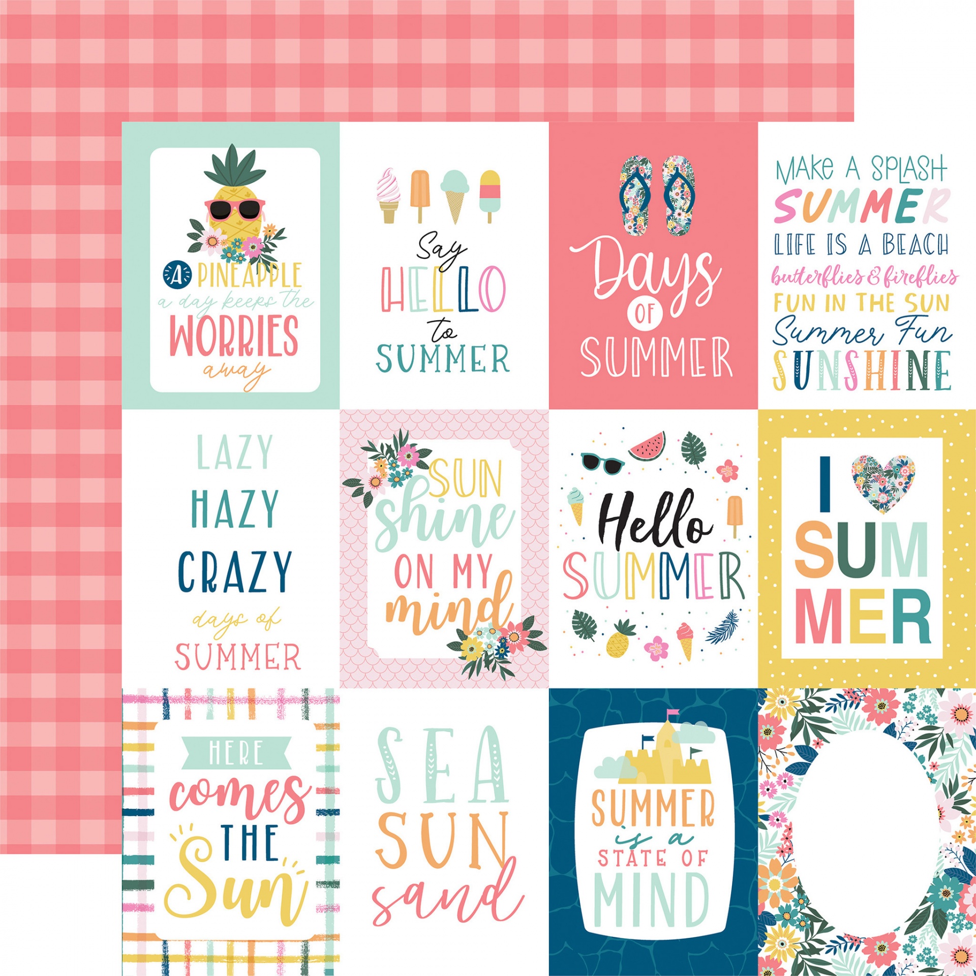 Cartões decorativos de verão com frases e ilustrações em cores pastel sobre toalha xadrez cor-de-rosa.