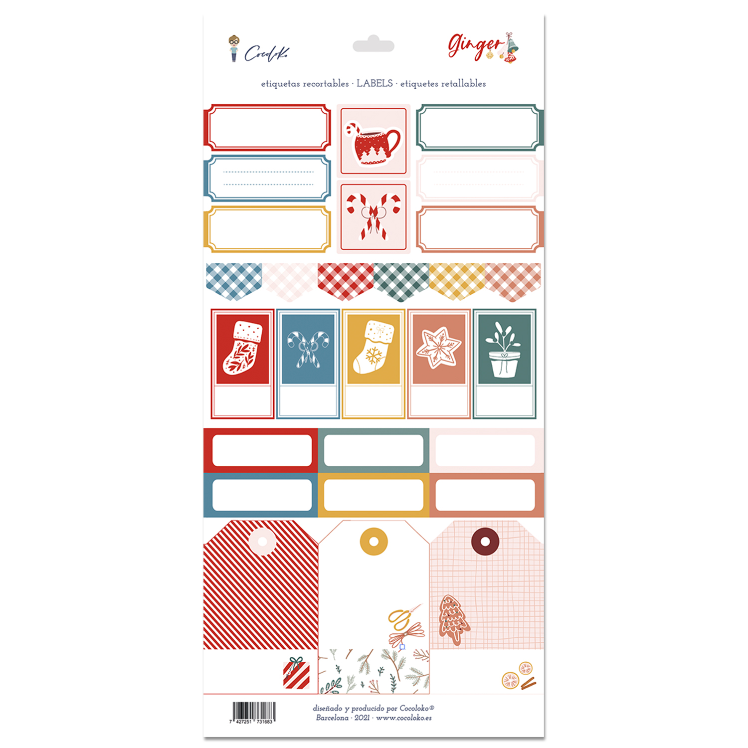 Folha de etiquetas recortáveis coloridas com temas de Natal e textos em espanhol e inglês
