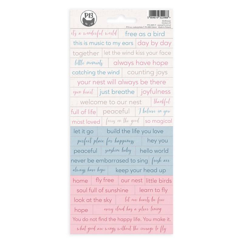 Folha de autocolantes com frases motivacionais em várias cores pastel