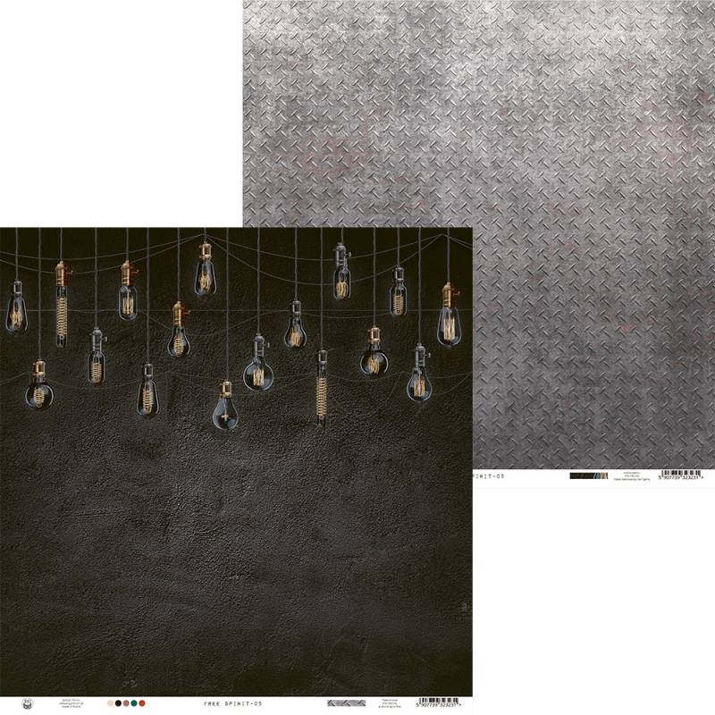 Duas folhas de papel de parede com padrões de lâmpadas e metal