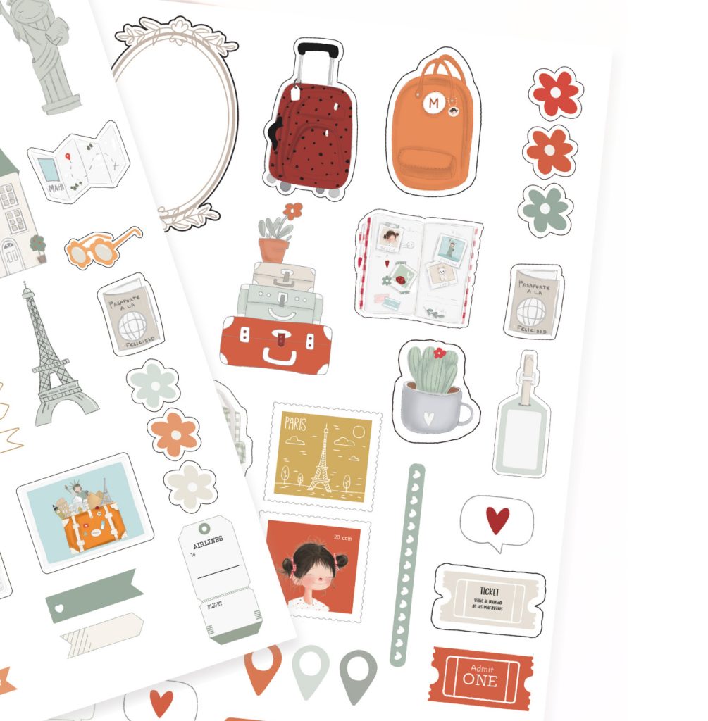 Autocolantes decorativos variados com temas de viagem e objetos do dia a dia