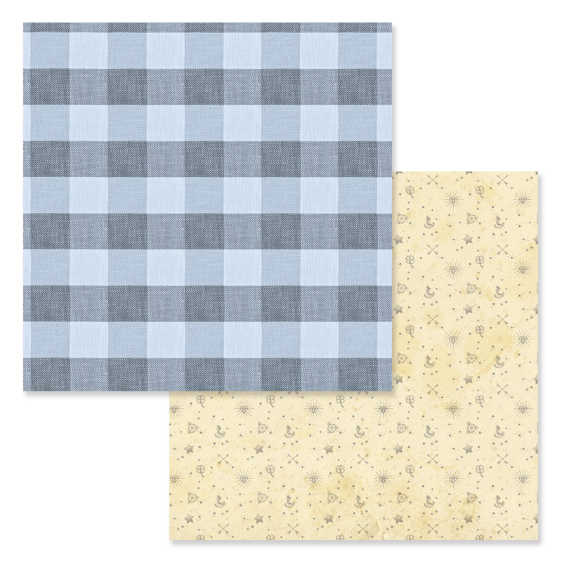 Papéis decorativos quadrados com padrões xadrez azul e desenhos abstratos amarelos