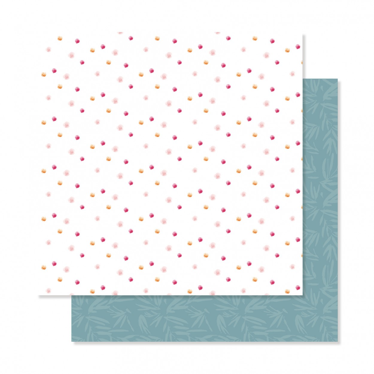 Papéis decorativos para scrapbooking com padrões de bolinhas coloridas e folhas azuis esverdeadas