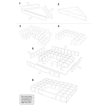 Instruções para montagem de organizador modular branco com texto em espanhol