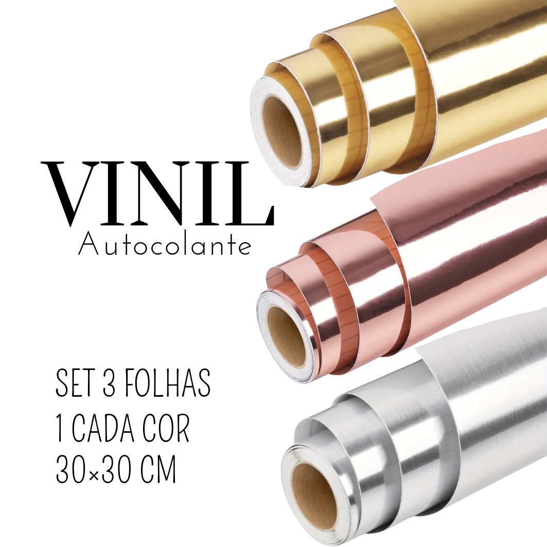 Três rolos de vinil autocolante dourado, rosa gold e prata com texto explicativo.
