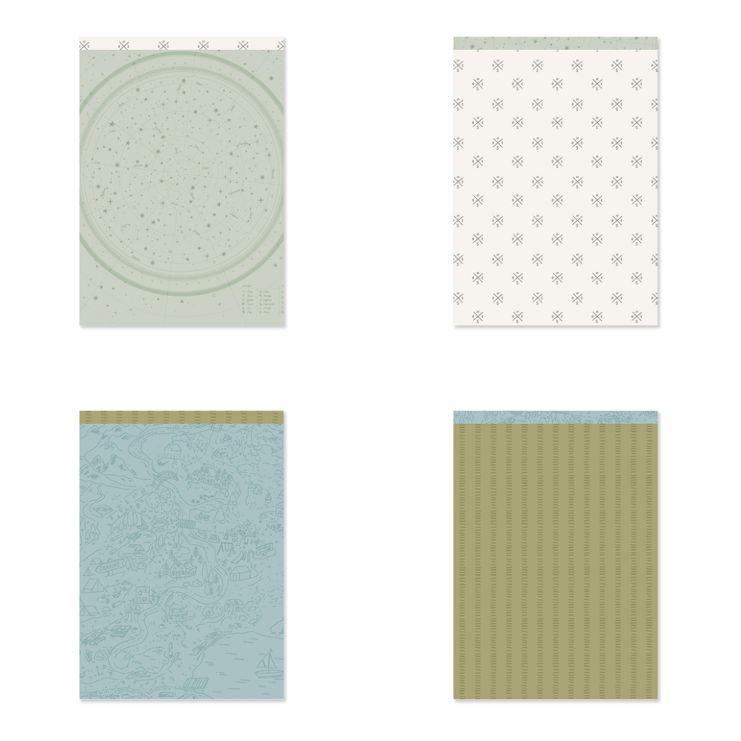 Quatro folhas decorativas com diferentes padrões em verde claro, branco, azul claro e bege.