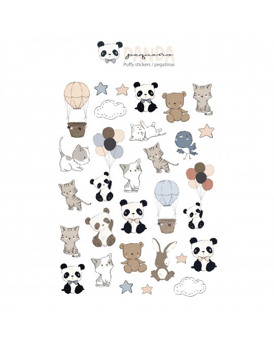 Folha de autocolantes com desenhos de animais e balões em tons neutros