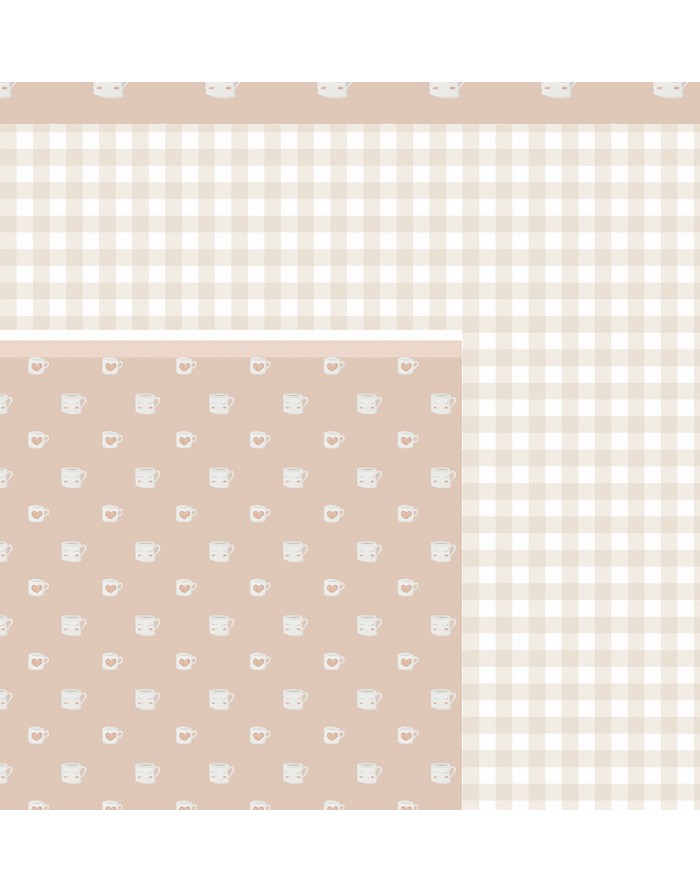 tecidos ou papéis decorativos com padrões xadrez e canecas em tons de bege e branco