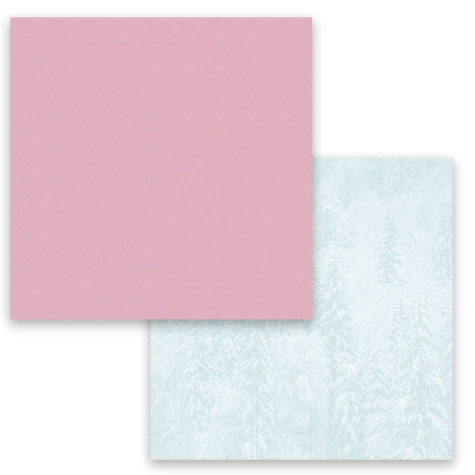 Dois quadrados de papel, um rosa sólido e outro com padrão azul claro de árvores