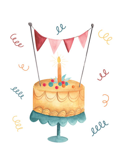 Desenho de bolo de aniversário amarelo com vela e bandeirolas vermelhas