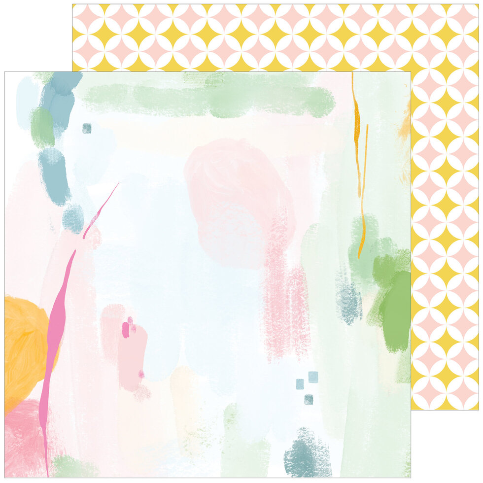 Papel decorativo abstrato em tons pastel e padrão geométrico amarelo e rosa no verso