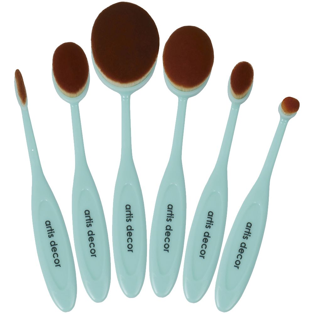 Seis escovas de maquilhagem ovais com cabos brancos e cerdas castanhas