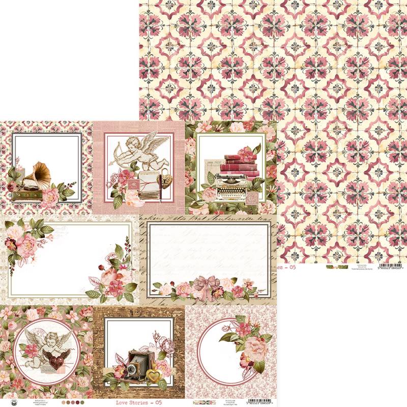 Papel para scrapbook padrão floral rosa e bege com ilustrações vintage e texto Save Memories - 05