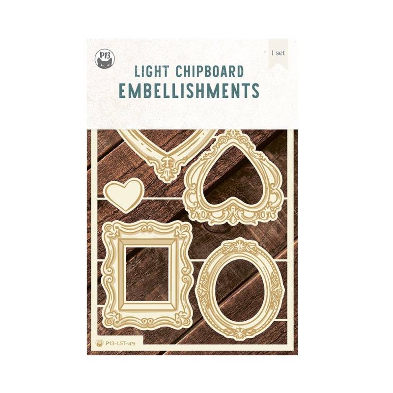 Conjunto de molduras decorativas de chipboard claro em várias formas sobre fundo de madeira