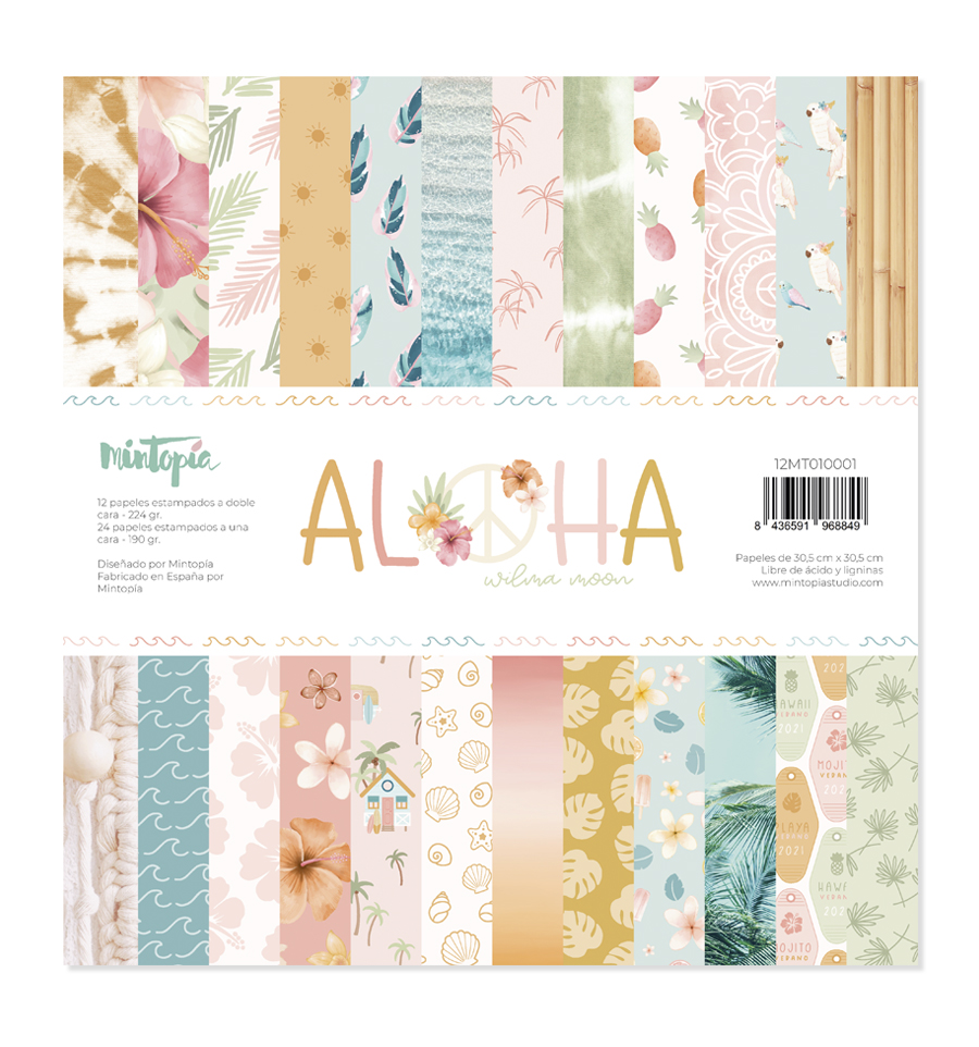 Papel decorativo dupla face com padrões florais tropicais e texto ALOHA