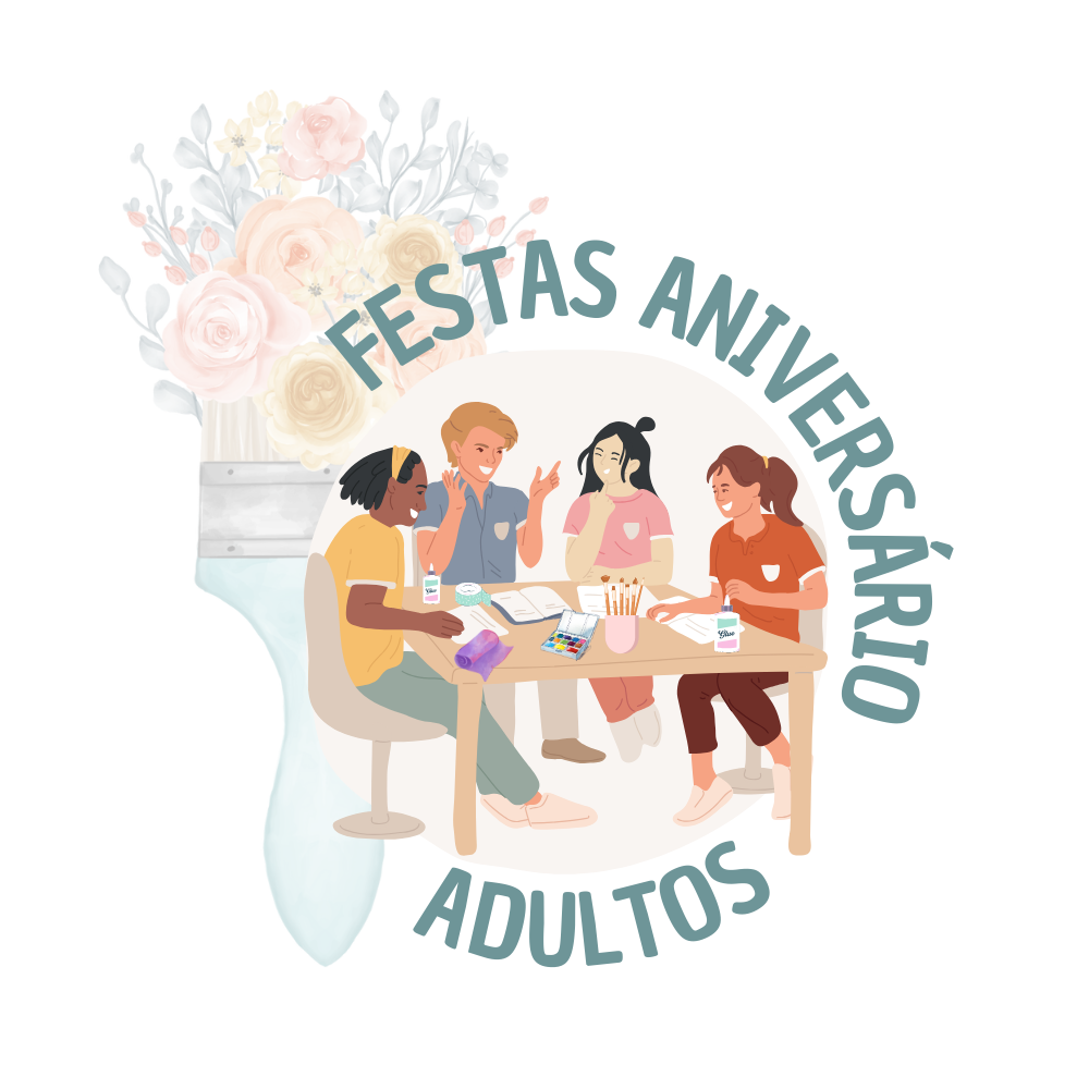 Ilustração de festa de aniversário para adultos com quatro pessoas sentadas à mesa e flores ao fundo