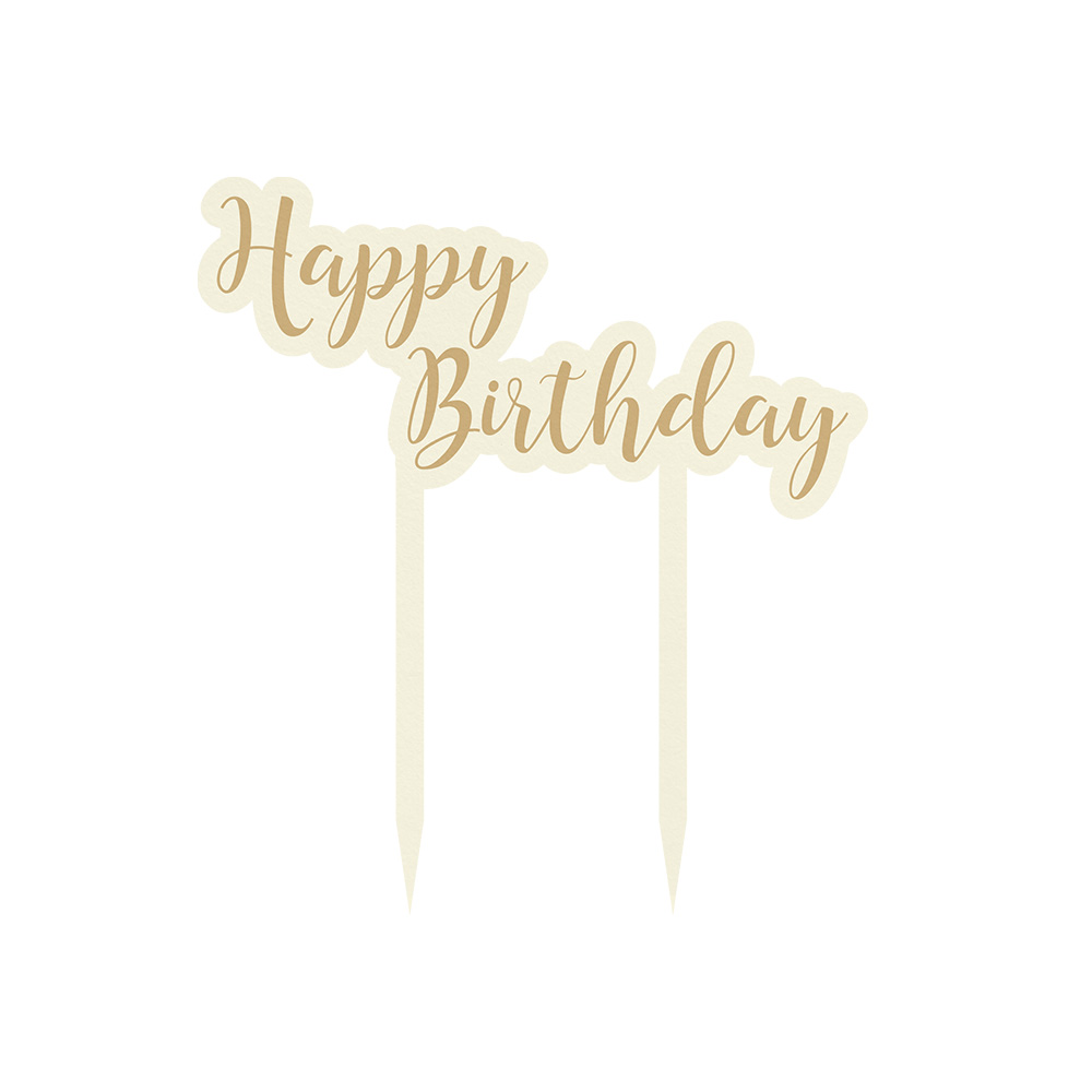 Topo de bolo com a frase Happy Birthday em letras douradas cursivas