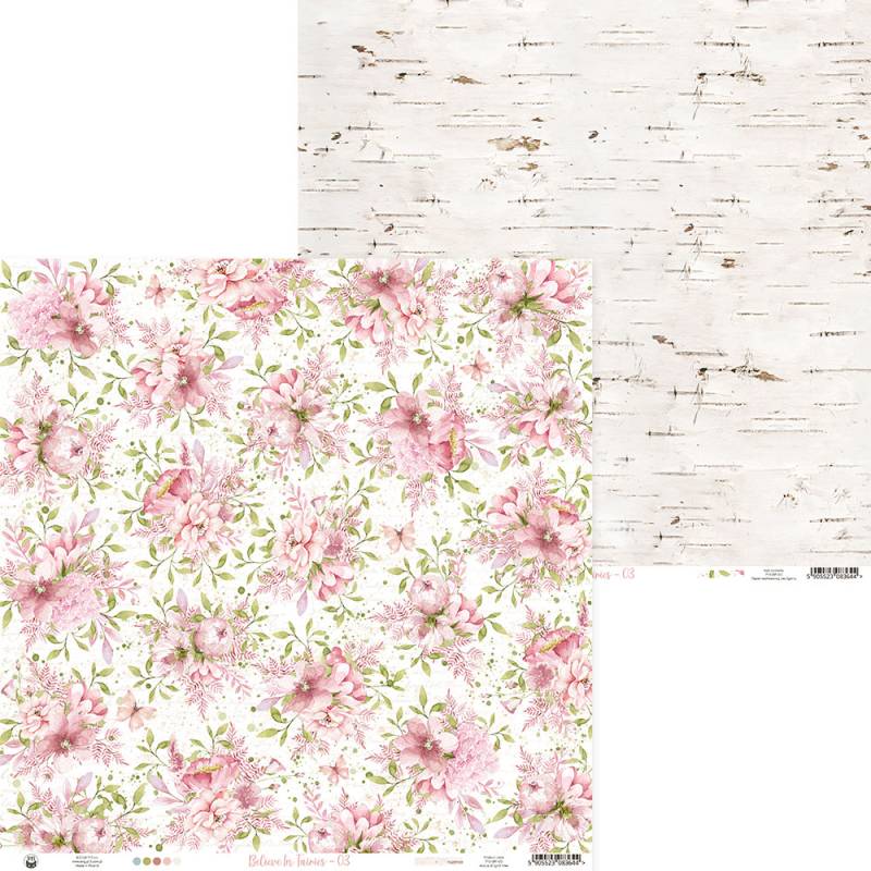Papel decorativo dupla face com padrão floral rosa e textura madeira clara