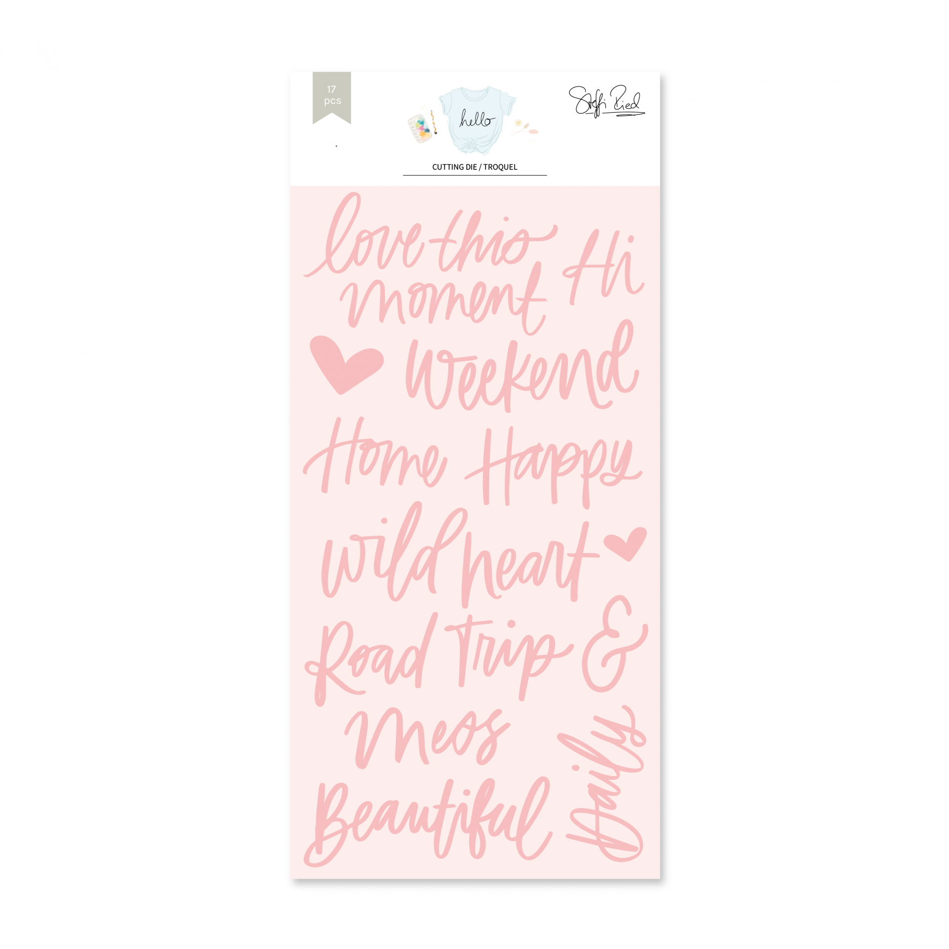 Pacote de adesivos com palavras em rosa claro e fundo branco em estilo manuscrito