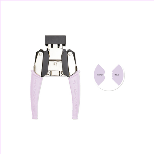 Ferramenta de manicure metálica com pegas rosa e peça circular identificada