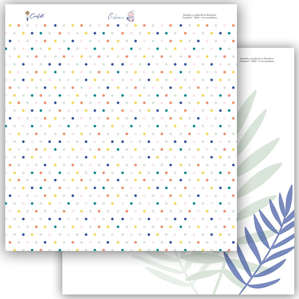 Folha decorativa com padrão de pontos coloridos sobre fundo branco