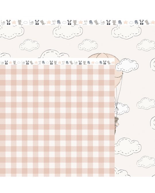 Papel de parede infantil com padrão xadrez e desenhos de balões e nuvens