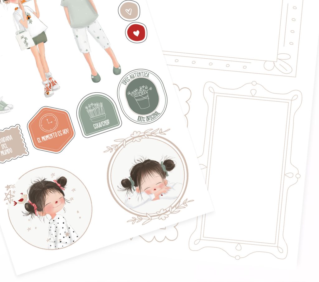 Folha de autocolantes ilustrativos com menina e molduras desenhadas à mão