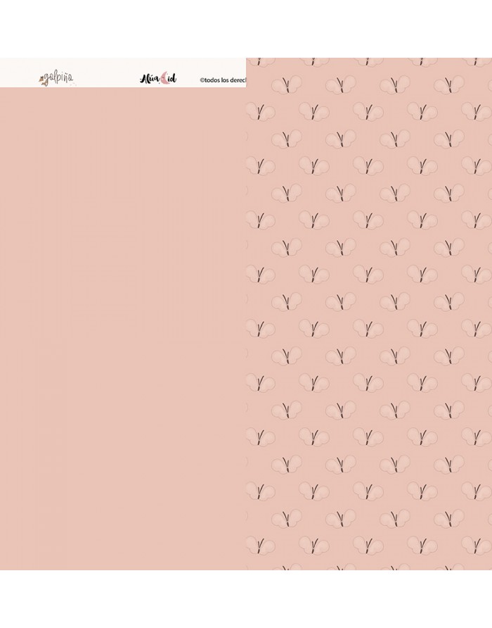 Papel decorativo rosa com padrão de corações e borboletas e texto no canto superior esquerdo