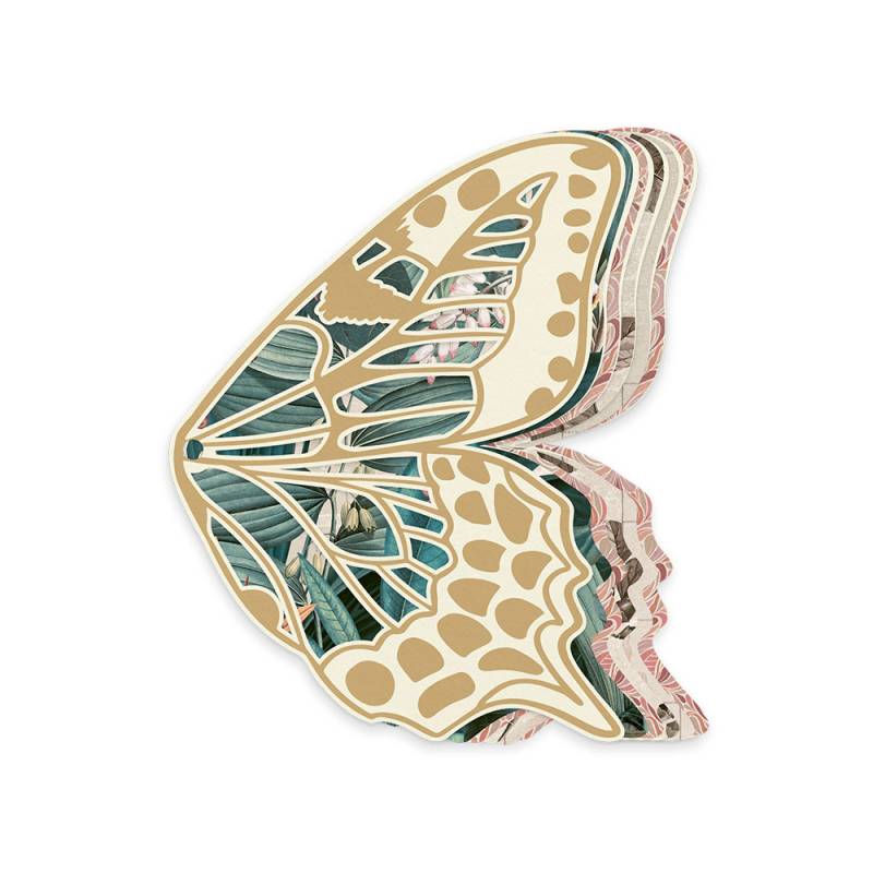 Cartão decorativo em forma de asa de borboleta com padrões coloridos